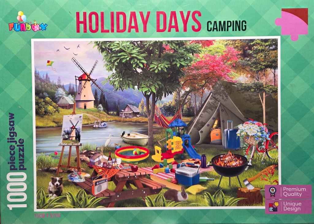 An idyllic campsite scene by a lake with a windmill, an easel painting, a picnic table, and a tent.