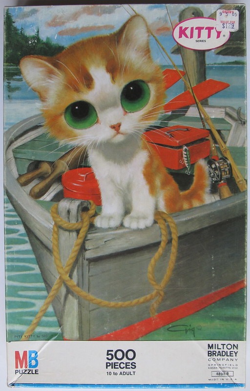 An illustration of a wide-eyed ginger and white kitten sitting in a small fishing boat on the water.