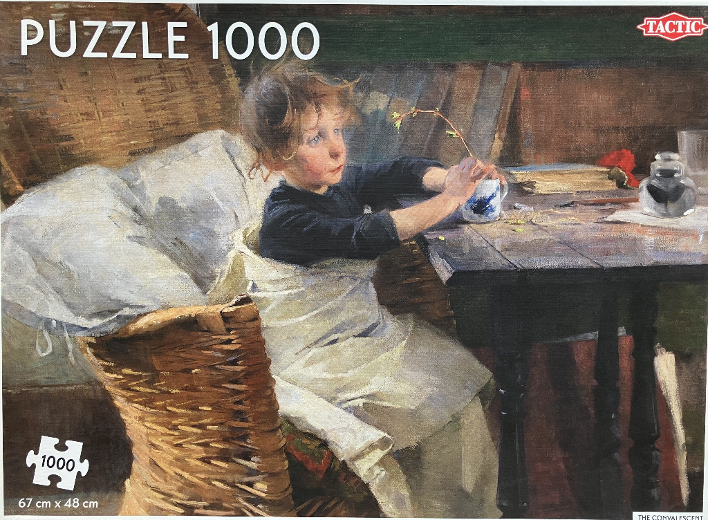 Painting of a young child in a wicker chair sitting at a wooden table holding a twig.