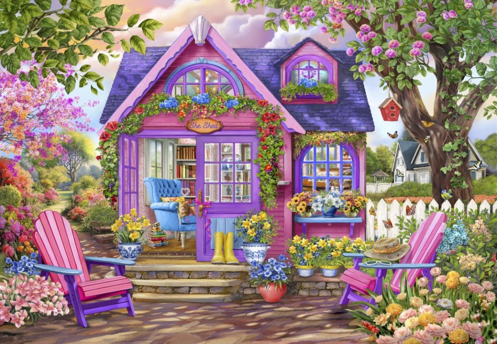 A whimsical pink and purple cottage surrounded by a lush, vibrant flower garden and two Adirondack chairs.