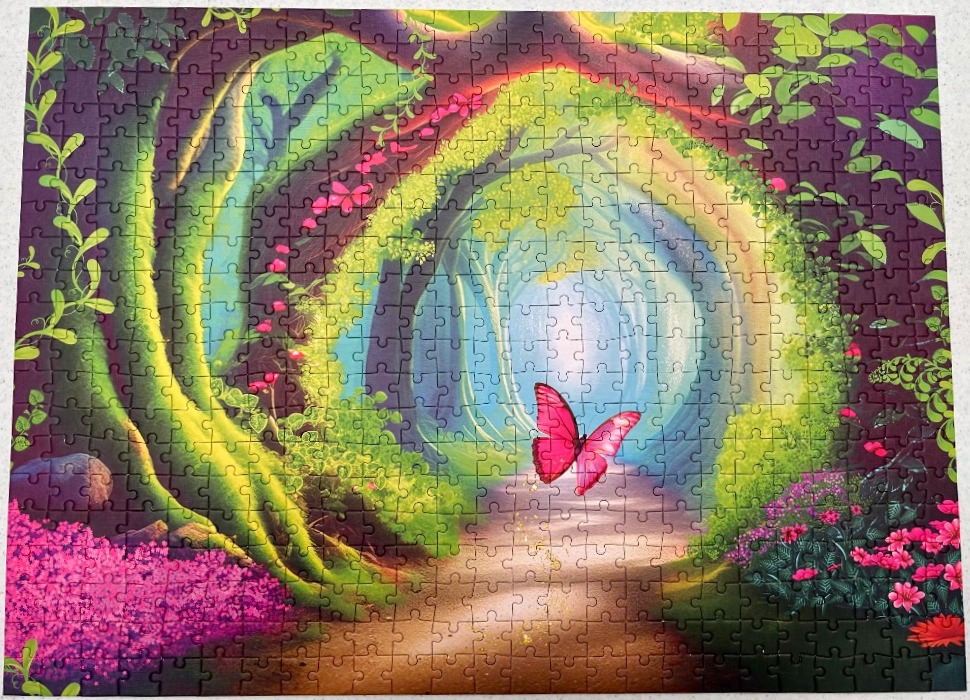 A bright pink butterfly flying through a glowing, mystical forest path archway.