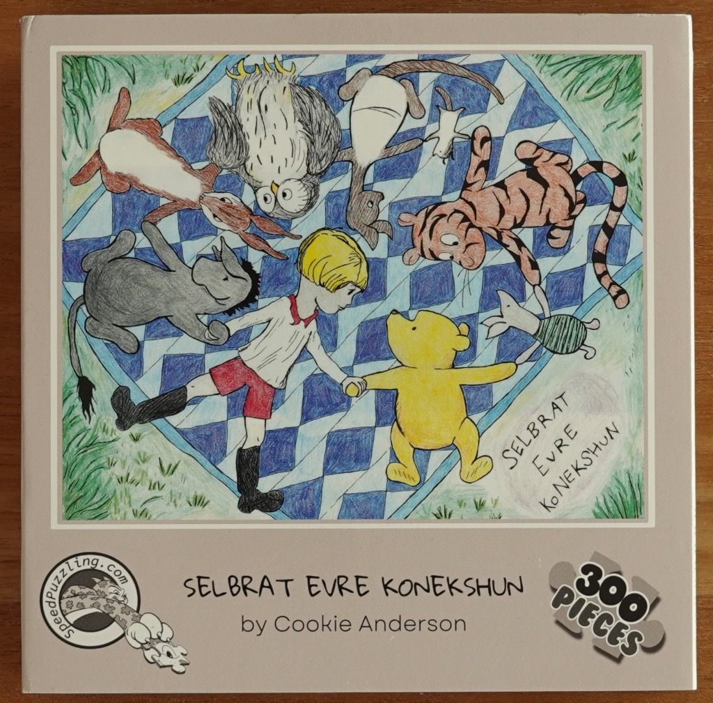 A whimsical illustration of a boy and anthropomorphic animal characters holding hands on a blue checkered blanket.