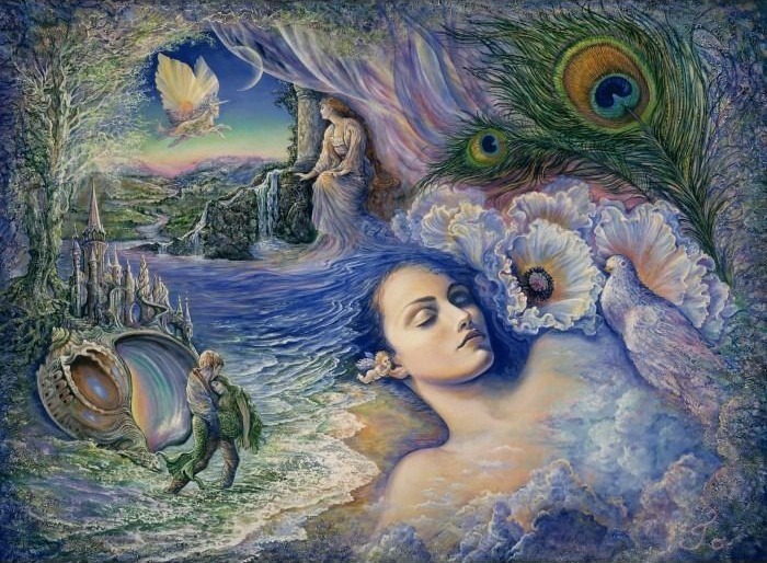 A surreal fantasy scene featuring a sleeping woman, peacock feathers, a mermaid, and a distant castle.
