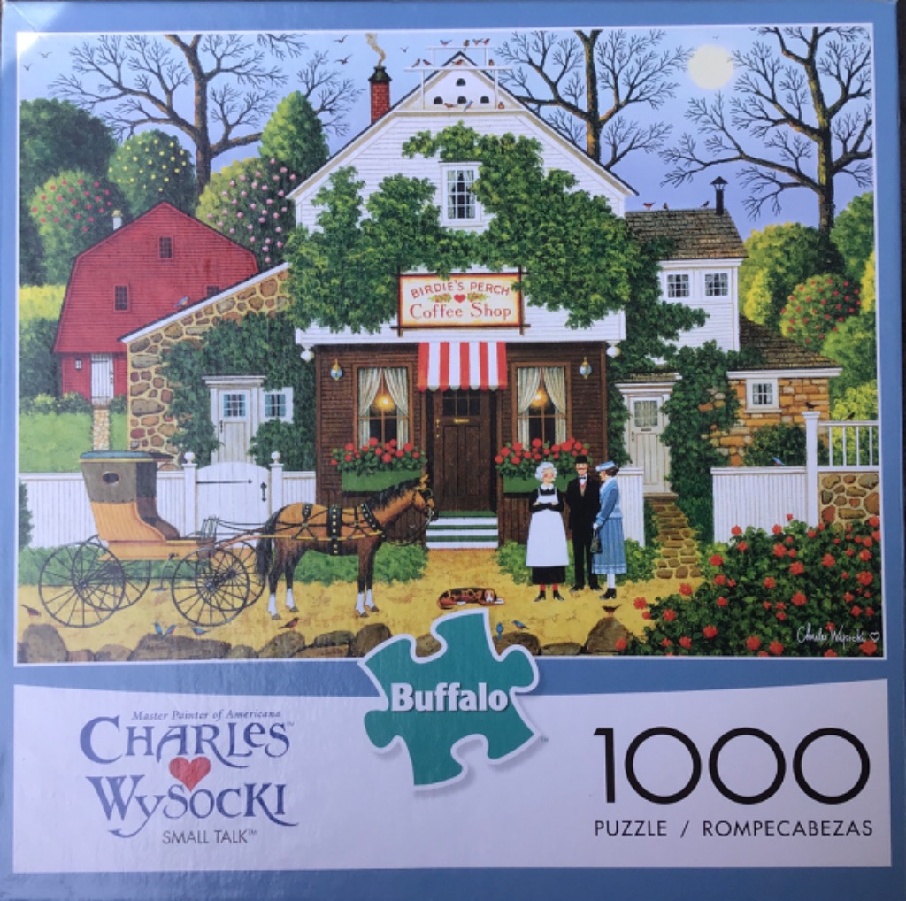 A detailed folk art painting of a coffee shop called Birdie