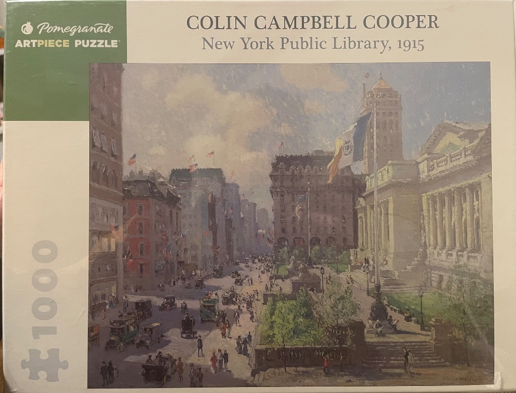Impressionist oil painting of 1915 New York City street scene featuring the New York Public Library