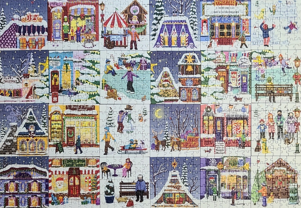 A whimsical Christmas village grid illustration showing various shops, people ice skating, and festive winter scenes.