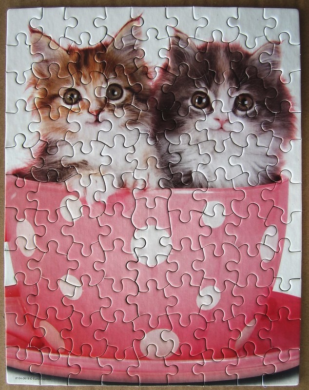 Two fluffy kittens sitting inside a large pink polka-dot teacup.
