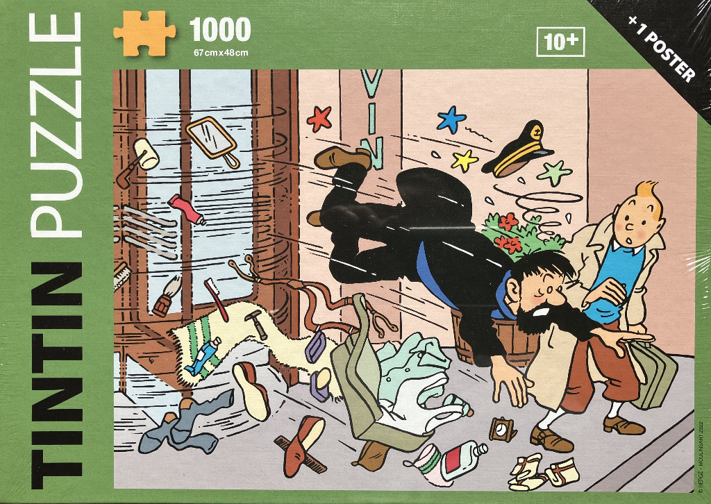Comic illustration of Captain Haddock stumbling forward while Tintin looks on, surrounded by flying household objects.