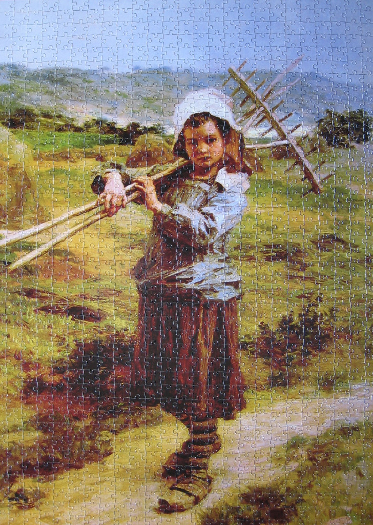 Painting of a young girl wearing a white cap and brown dress carrying a wooden hay rake through a field.