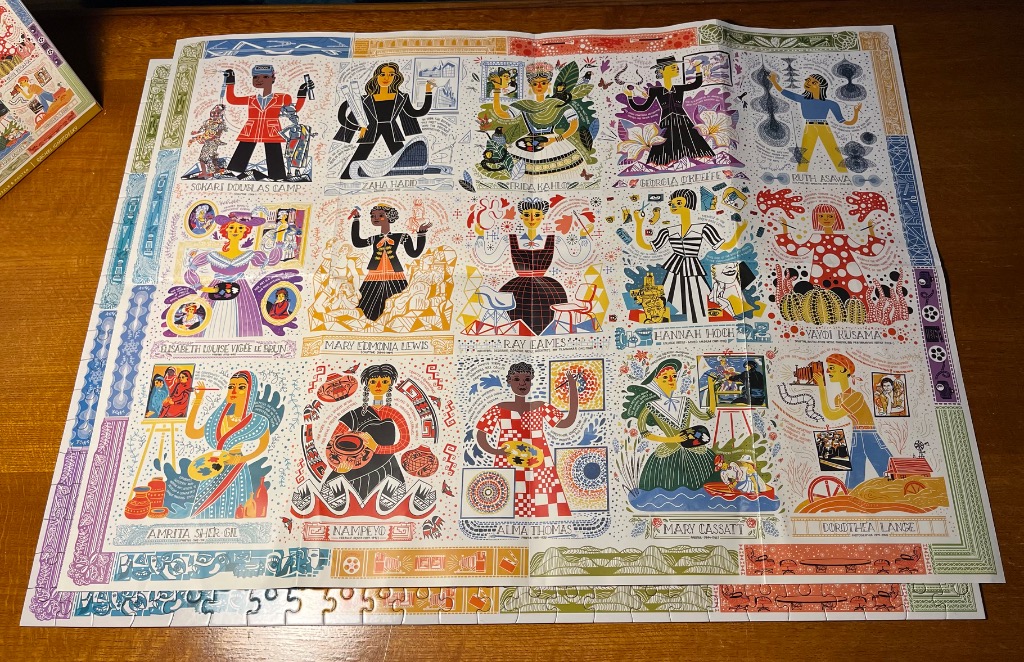 A collage illustration featuring 15 historical female artists and their work in a grid layout.