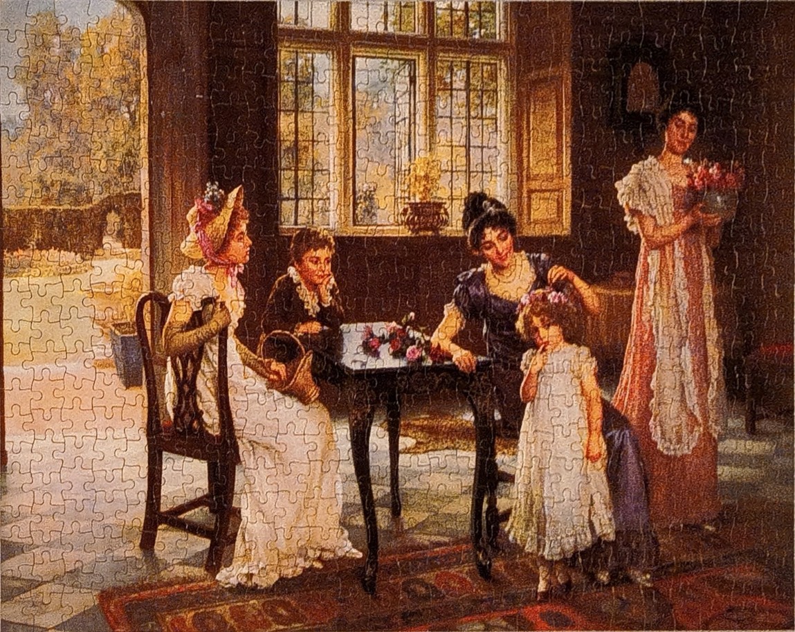 A Victorian-era indoor scene featuring women and children gathered around a table in a dimly lit room.