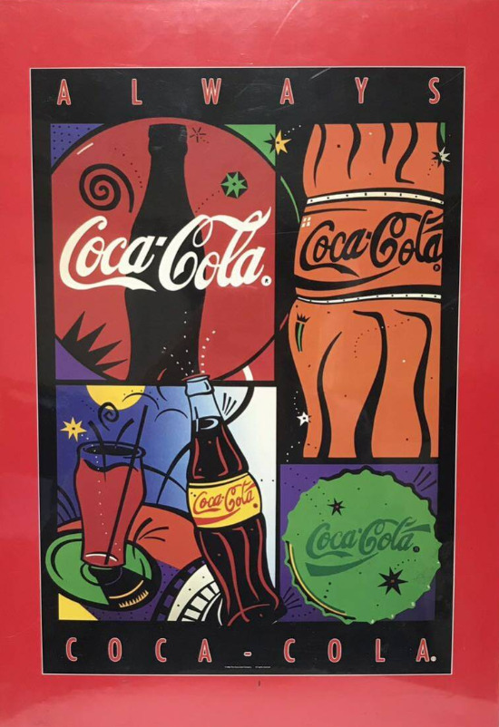 Graphic pop-art collage featuring various Coca-Cola imagery in four quadrants
