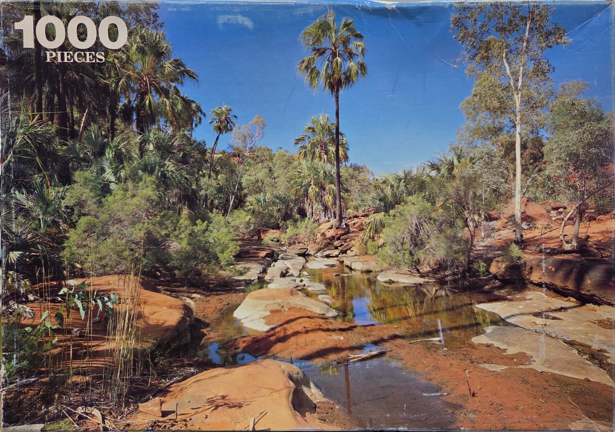 A lush Australian outback oasis with red rock pools and palm trees under a bright blue sky.