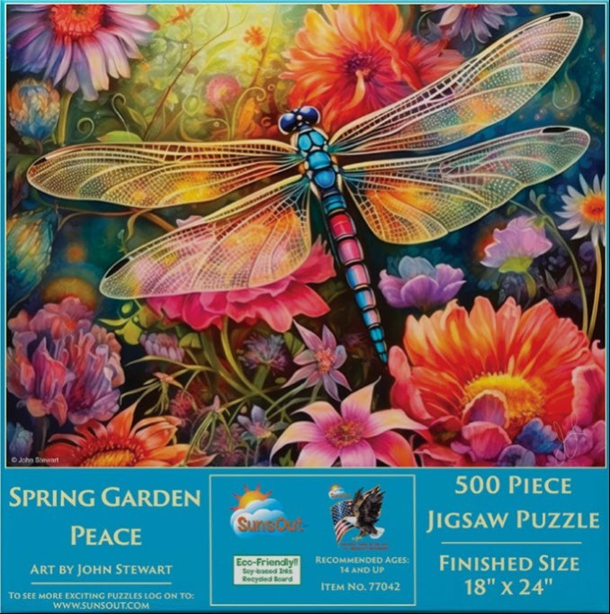 A vibrant digital painting of a detailed, iridescent dragonfly resting among a lush garden of colorful flowers.