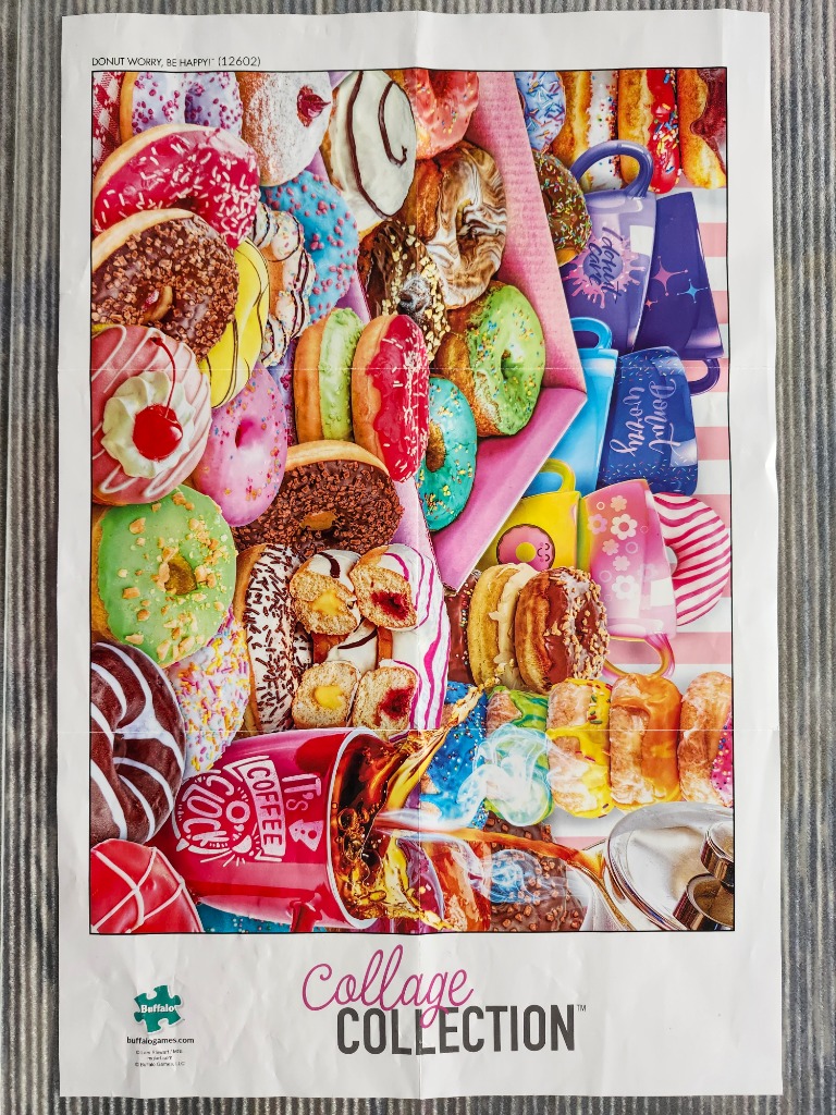 A vibrant collage of various frosted donuts, coffee mugs, and spilling coffee against a pink and white striped background.