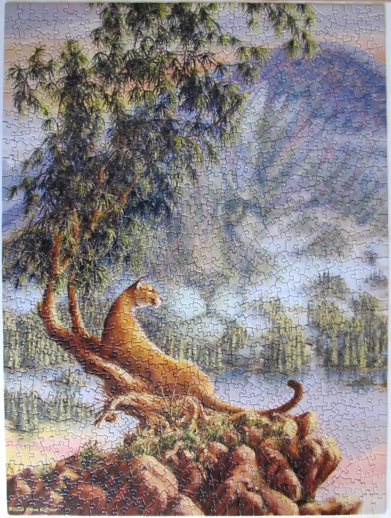 A mountain lion perched on a rock ledge overlooking a misty mountain lake at sunrise.