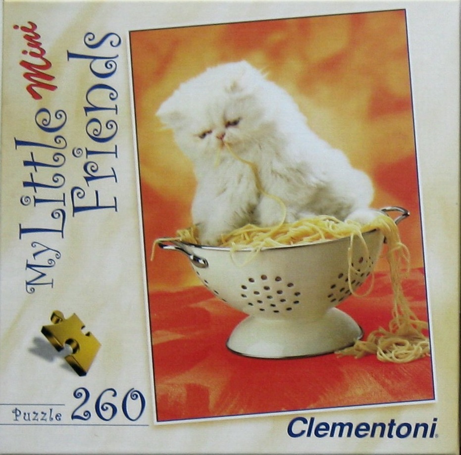 A fluffy white kitten sits in a white metal colander filled with strands of spaghetti.