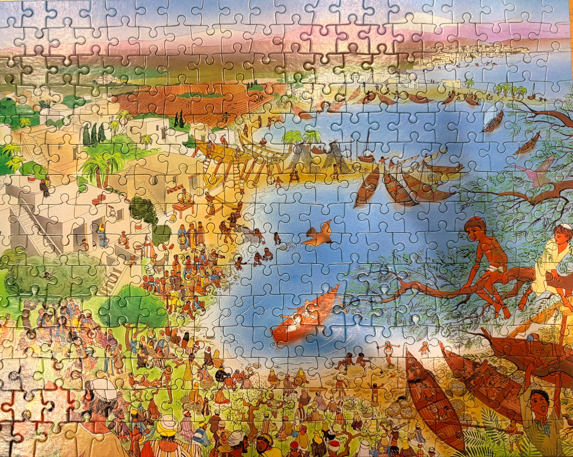 Illustration of a bustling ancient Mediterranean coastal village scene.