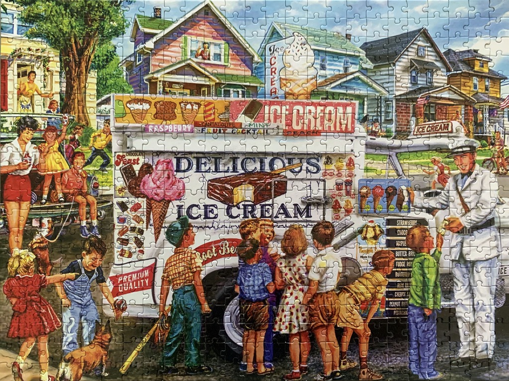 Illustration of an ice cream truck on a suburban street surrounded by children and a driver.