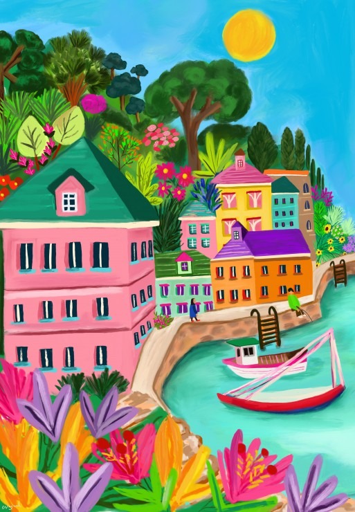 A whimsical illustration of a colorful coastal town with bright houses, lush flowers, and boats on blue water.