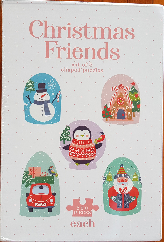 Five festive, dome-shaped illustrations including a snowman, gingerbread house, penguin, red car, and Santa Claus.