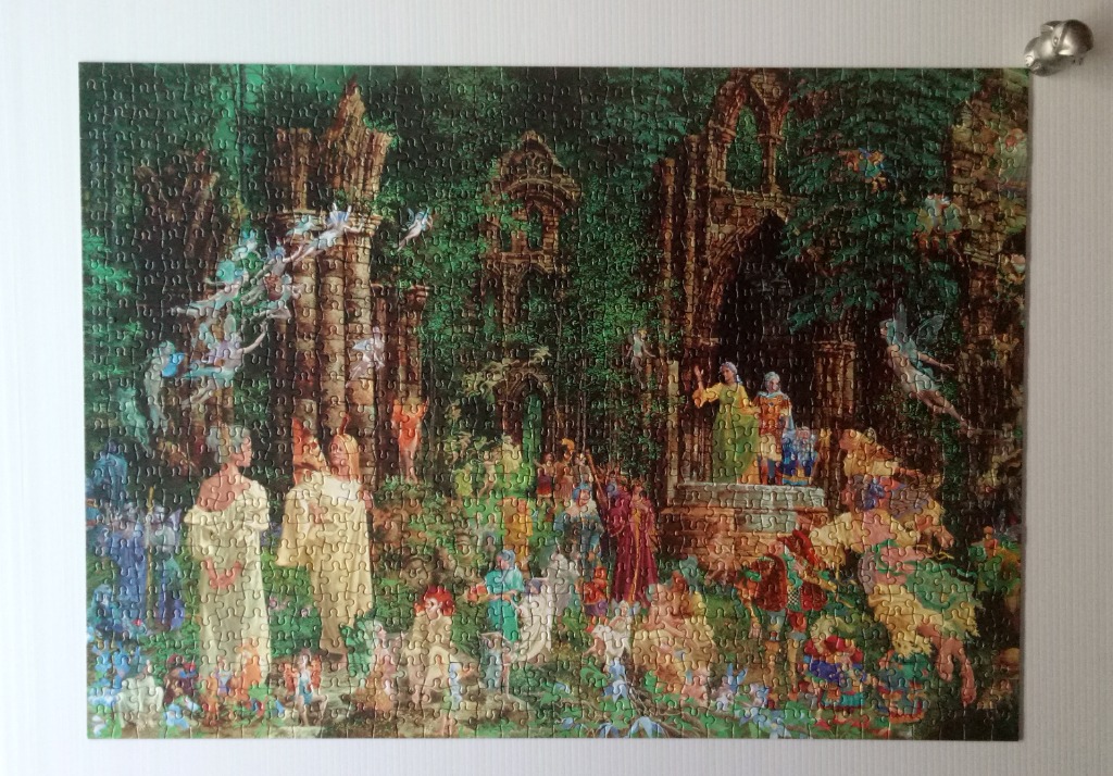 An illustration of fairies and people gathered in an enchanted forest clearing before gothic stone ruins.