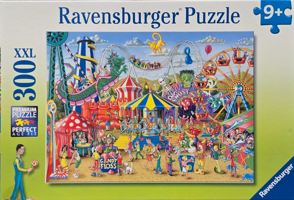 A cartoon illustration of a busy, colorful amusement park with rides, a carousel, and festival games.
