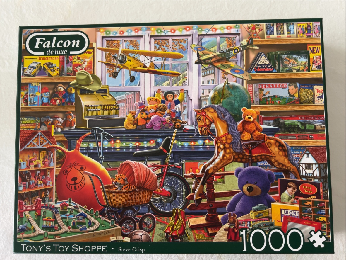 A detailed illustration of a cozy, crowded vintage toy shop interior filled with classic toys.