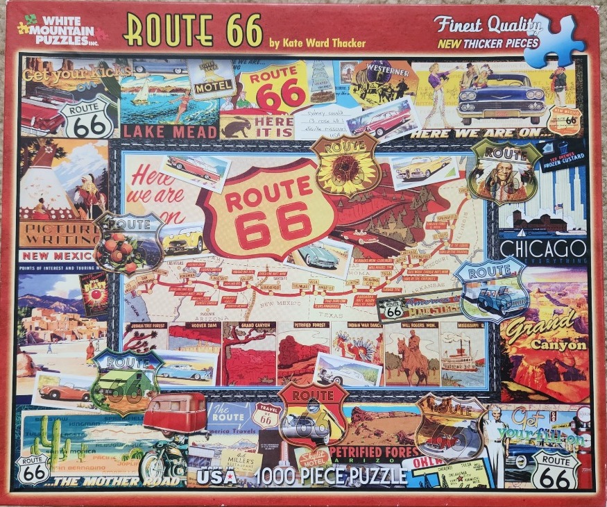 Collage of Route 66 Americana featuring maps, vintage cars, and regional landmarks.