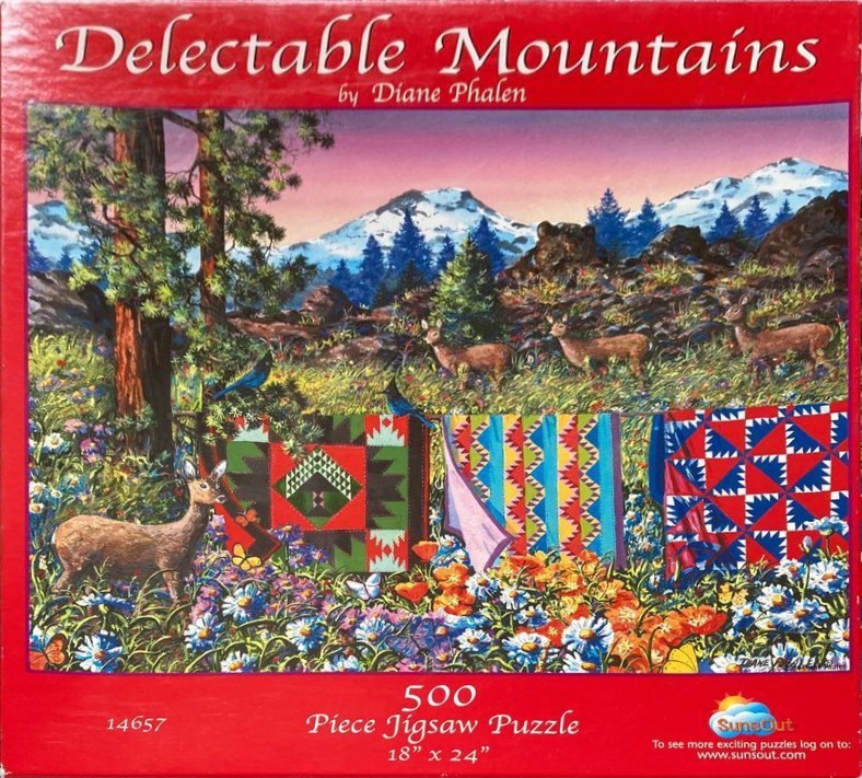 A painting of quilts hanging on a clothesline in a meadow with deer, wildflowers, and snow-capped mountains at sunset.