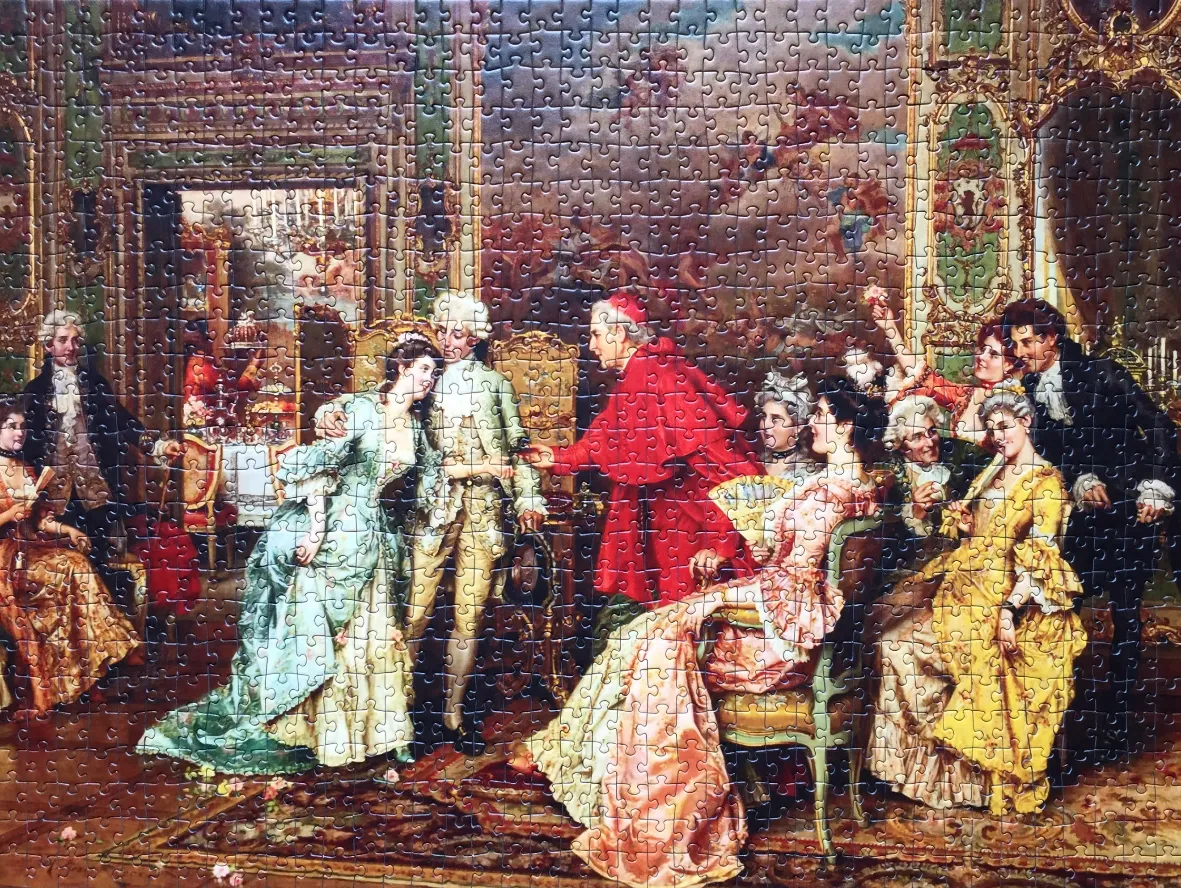 An 18th-century salon scene featuring a gathering of noble figures in period dress and a cardinal in bright red robes.
