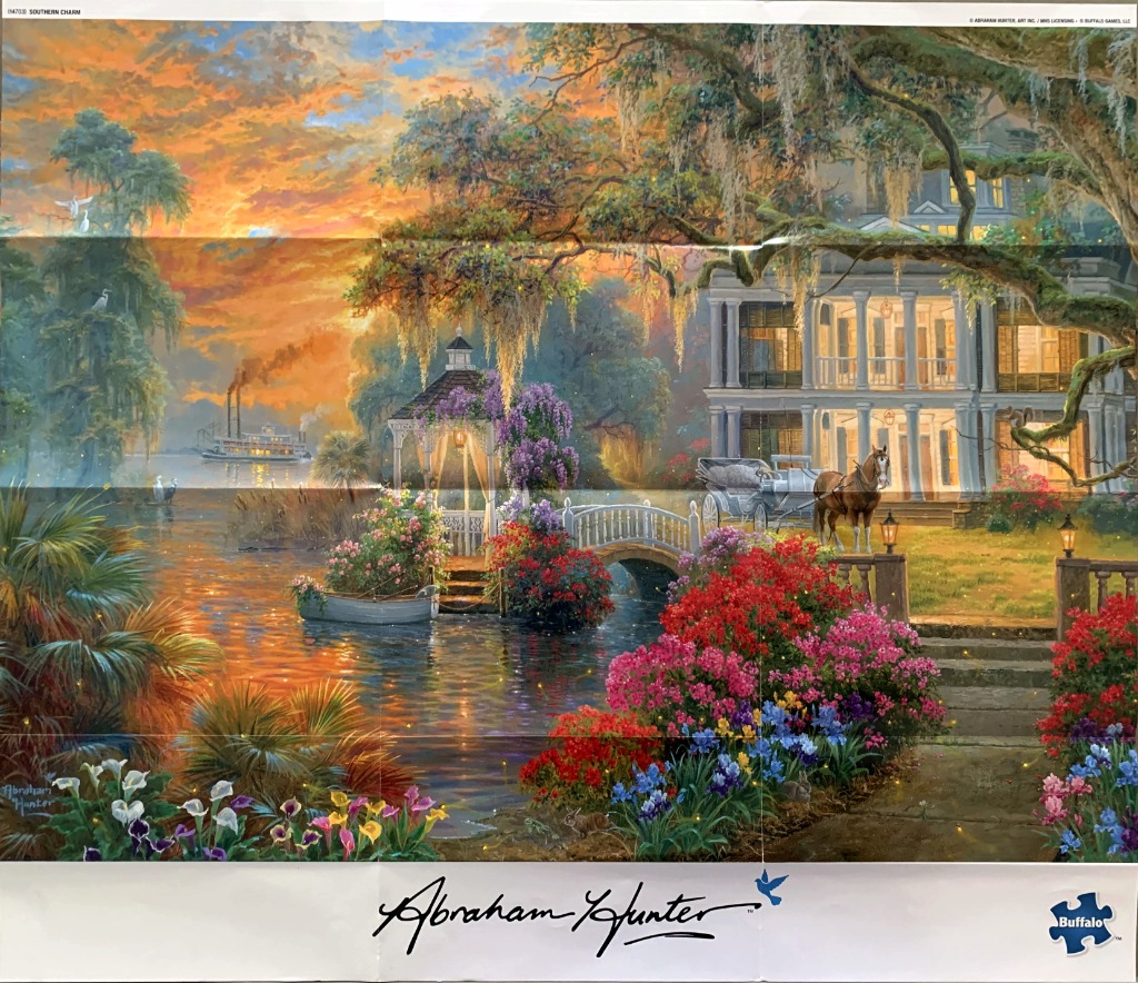 A Southern estate scene with a horse-drawn carriage, gazebo, and riverboat at sunset.