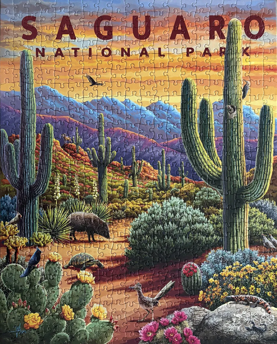 Vintage-style travel poster illustration of Saguaro National Park featuring cacti, desert wildlife, and a sunset.