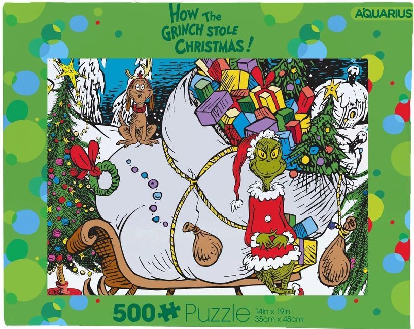 The Grinch and Max loading a large sack of presents onto a sleigh, in Dr. Seuss art style.