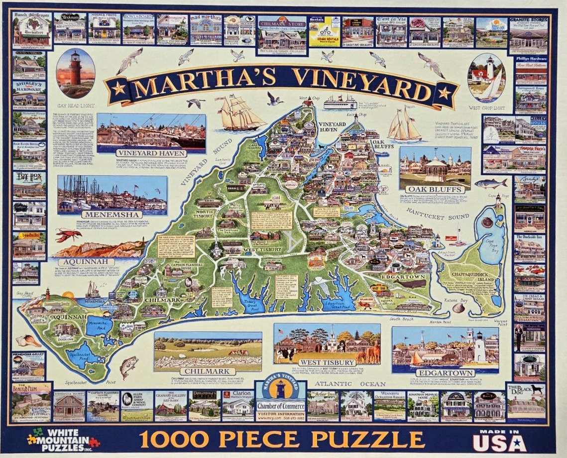 An illustrated map of Martha's Vineyard surrounded by smaller images of local shops and landmarks.