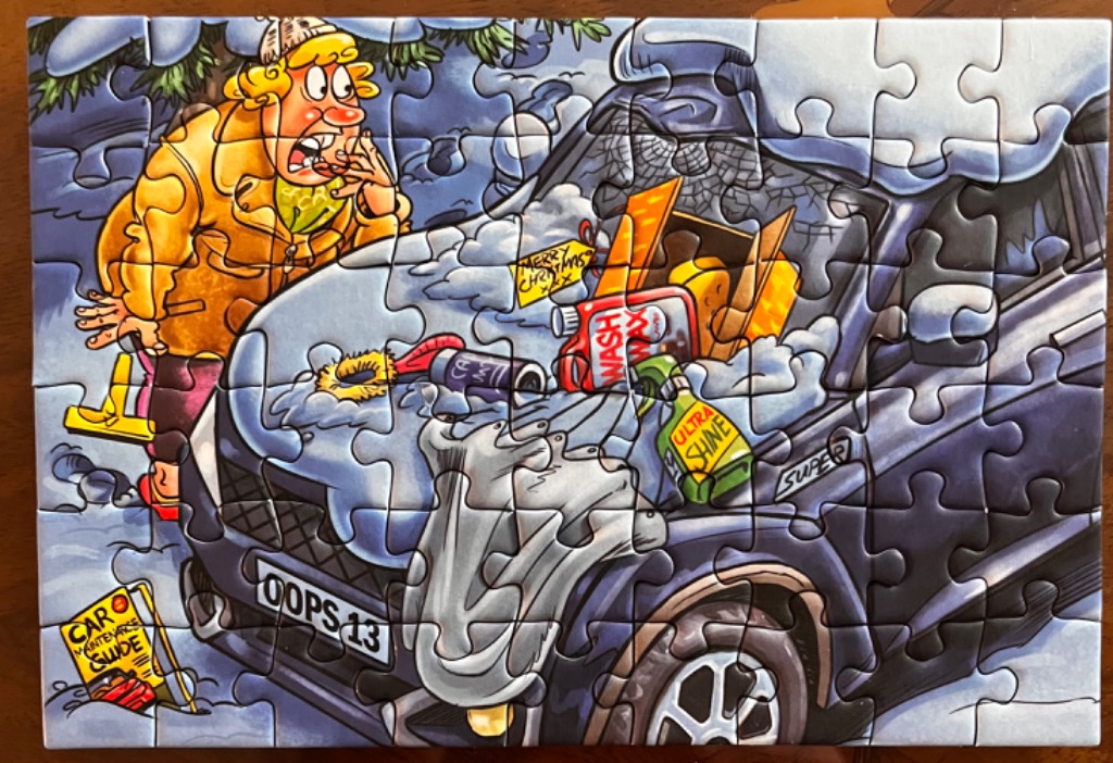 Cartoon of a shocked person in a yellow coat by a car covered in snow and car wash supplies.