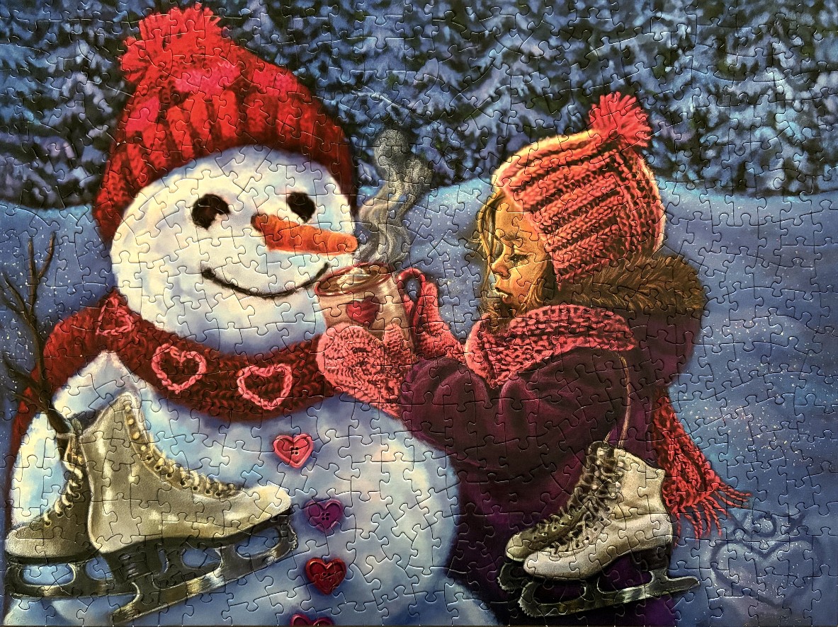 A young girl offering a steaming mug of cocoa to a friendly snowman in a snowy winter setting.