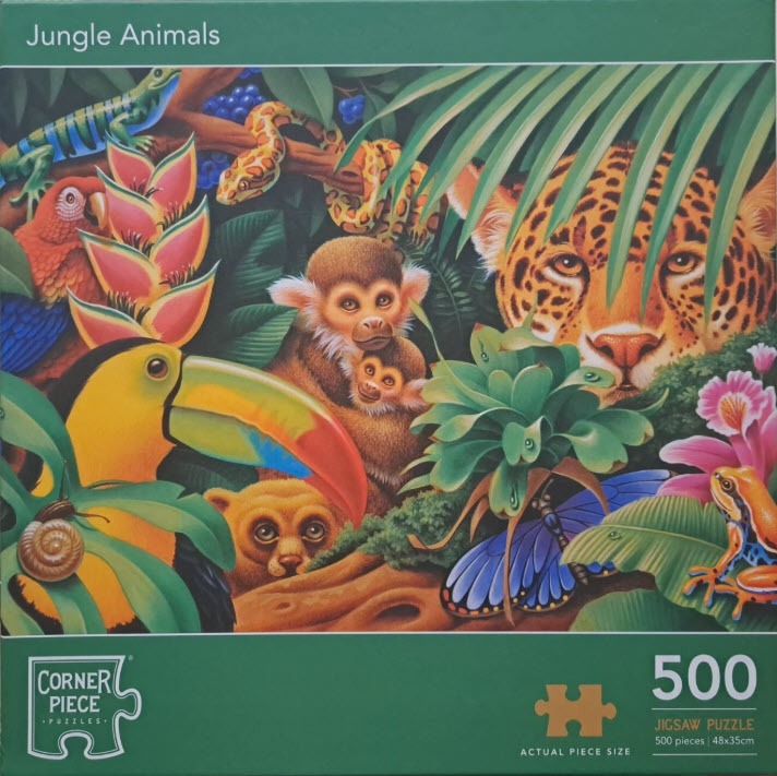 A lush rainforest scene featuring a leopard, toucan, monkeys, parrot, snake, and lizard hidden among tropical foliage.