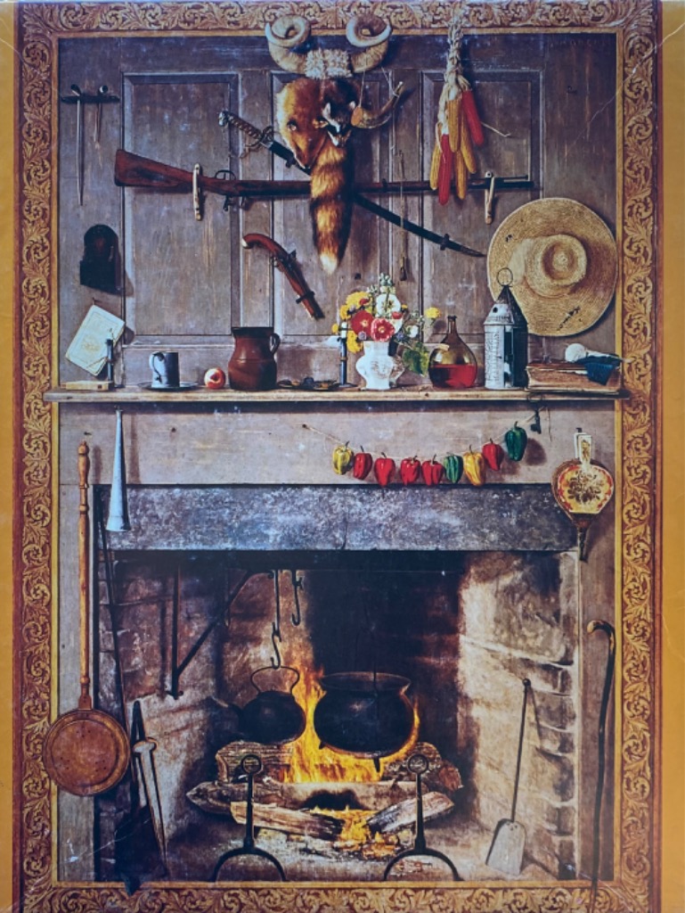 Rustic fireplace scene with hanging game, antique tools, and a glowing fire, framed by an ornate golden border.
