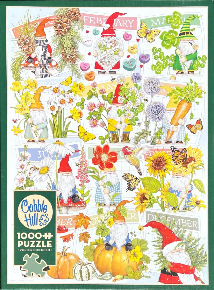 A calendar-themed illustration featuring a gnome for each month of the year surrounded by seasonal flowers and elements.