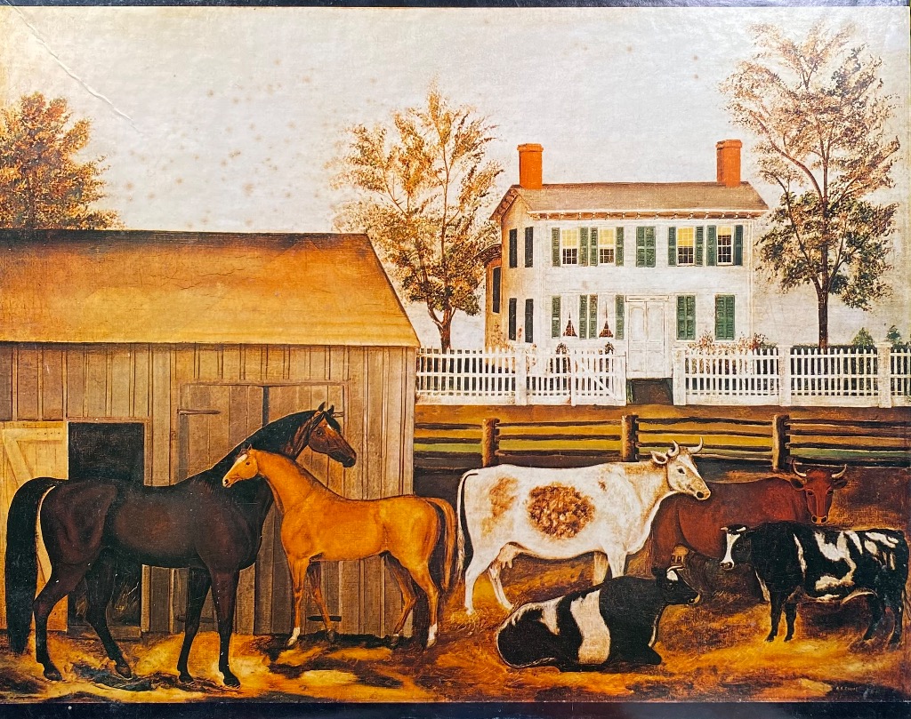 Folk art painting of horses and cows in a farmyard with a white house in the background.