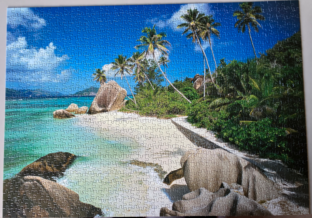 A tropical beach scene on La Digue island with granite boulders, white sand, and palm trees under a bright blue sky.