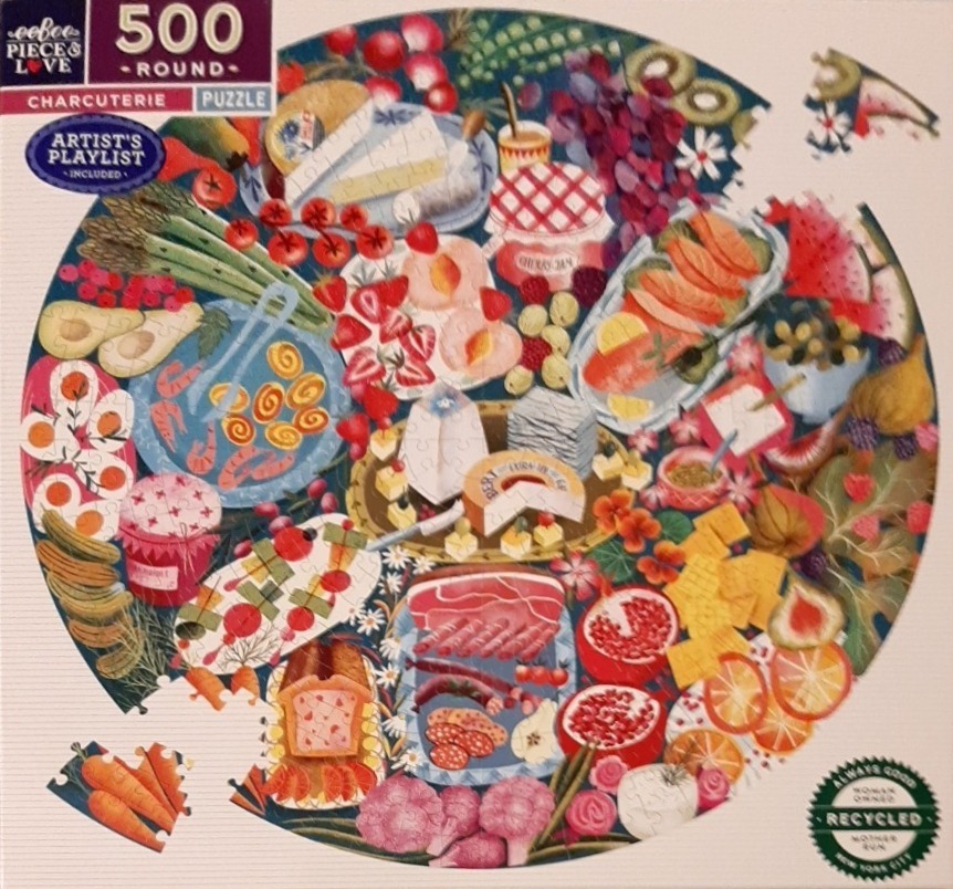 An overhead illustration of a diverse charcuterie board filled with fruits, cheeses, meats, and vegetables.