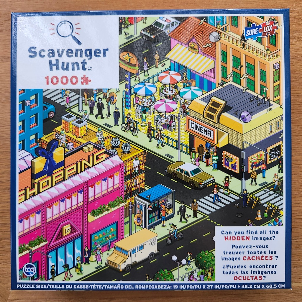 Busy isometric city street scene with a cinema, shopping center, and people on sidewalks.