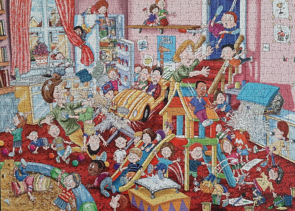 Chaotic scene of cartoon children playing with a yellow car and playground.