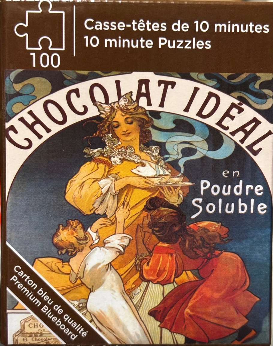 Art Nouveau illustration featuring a woman serving hot chocolate to two children, with the text Chocolat Ideal.