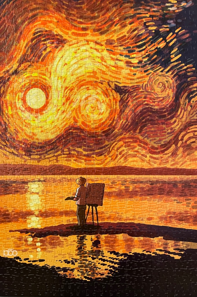 A lone artist painting at a sunset-colored coast under a swirling, Van Gogh-inspired sky.