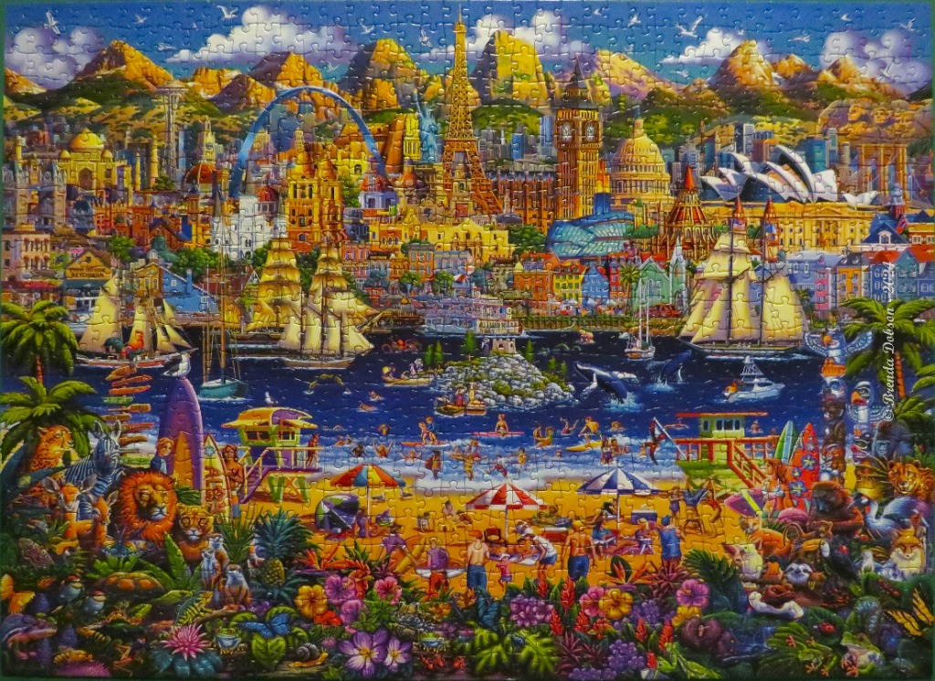 A vibrant, whimsical collage featuring global landmarks, sailing ships, a crowded beach, and tropical wildlife.