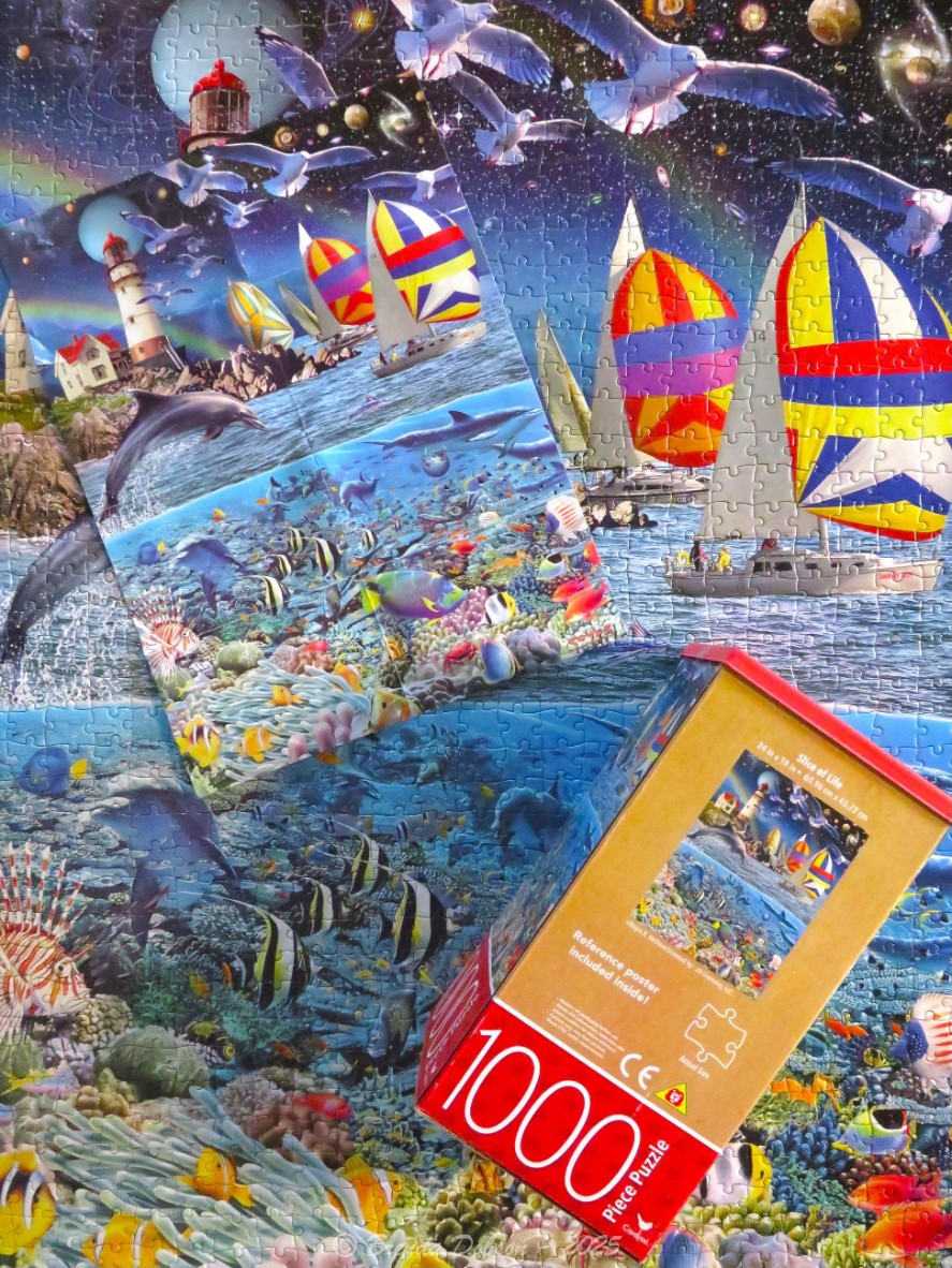 A whimsical collage depicting lighthouses, sailboats, dolphins, and vibrant coral reefs in a surreal ocean and space scene.