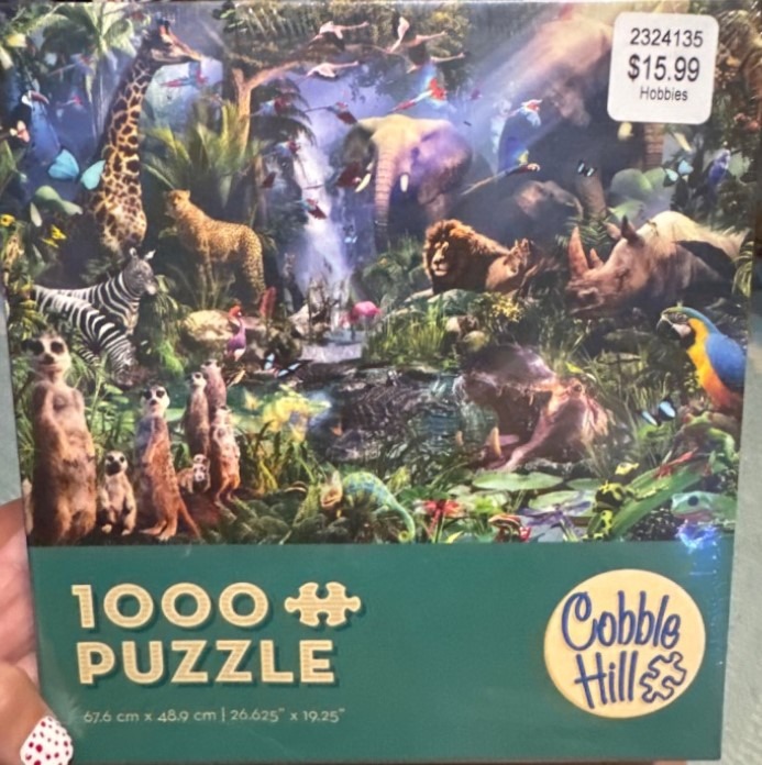A lush tropical jungle scene teeming with diverse wild animals, including a giraffe, elephant, lion, and zebra.